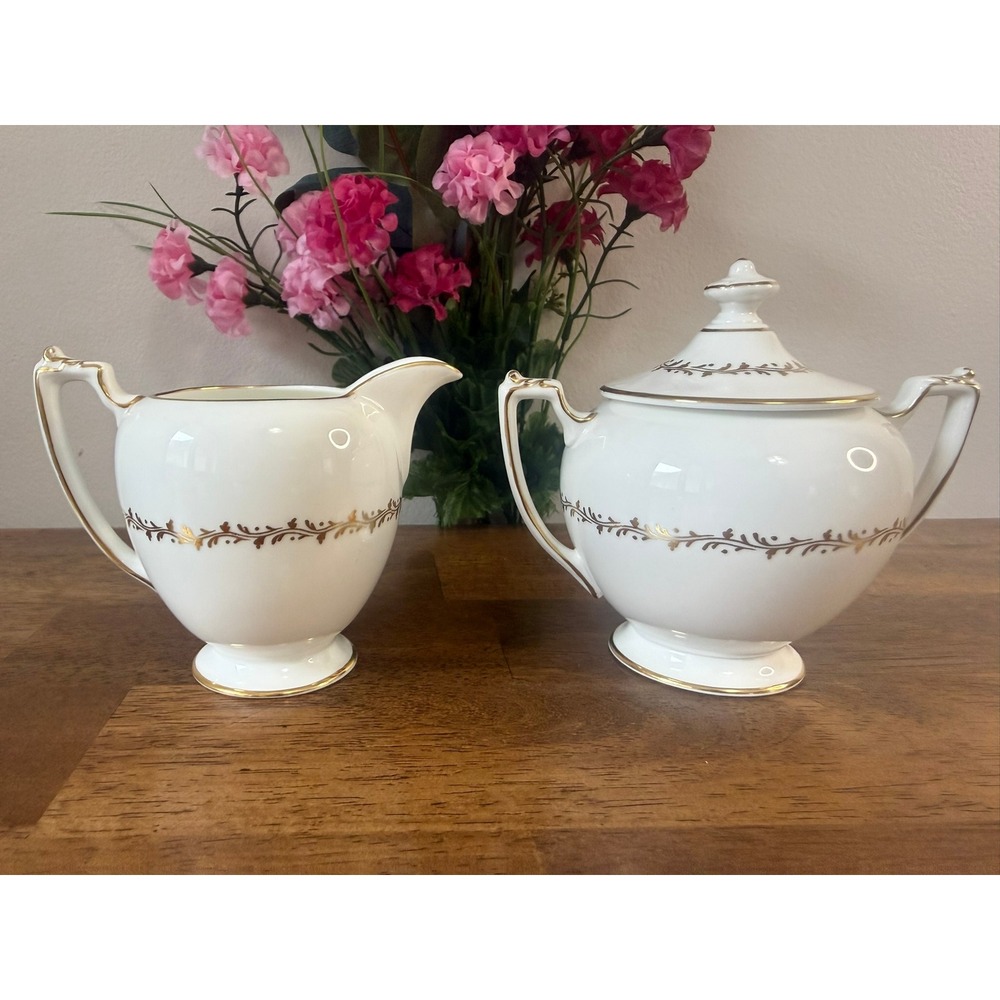 Coalport Coronet Bone China Cream And Sugar Set Gold Trim England Vintage Table